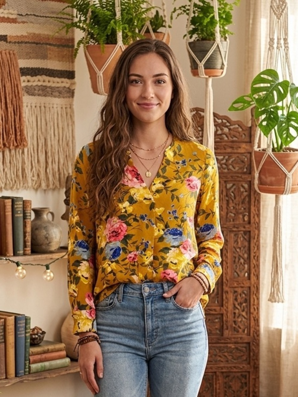 Old Navy Mustard Floral V-Neck Blouse – NWT (Size XL) BOHO